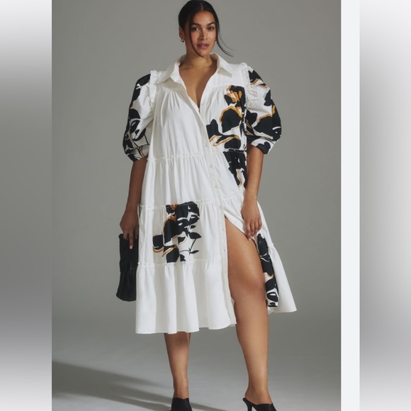 Anthropologie forever that girl puff sleeve shirt dress white & black fl… - Picture 3 of 10